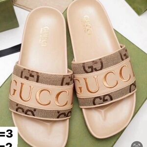 Beige and Gold Logo Slide Sandals